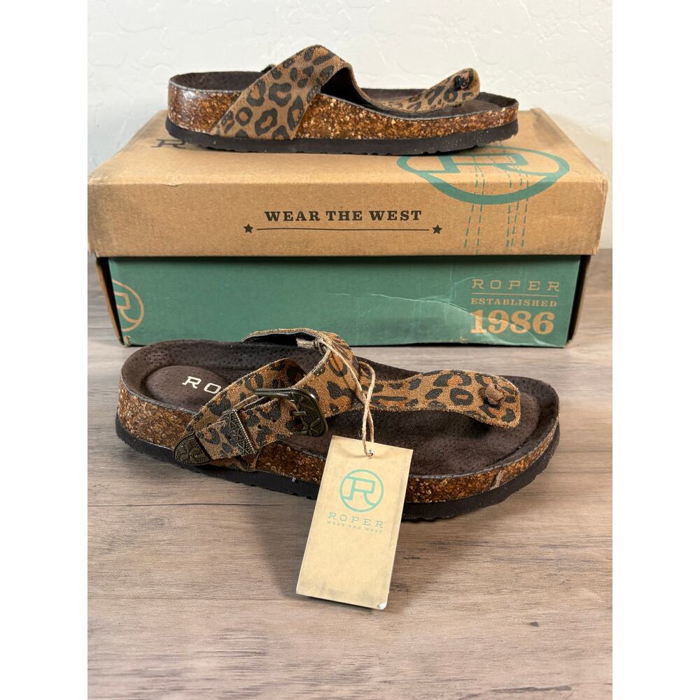 Roper‎ Helena Tan Leopard Hair Hide Leather Thong Footbed Sandal Women's 5 NIB